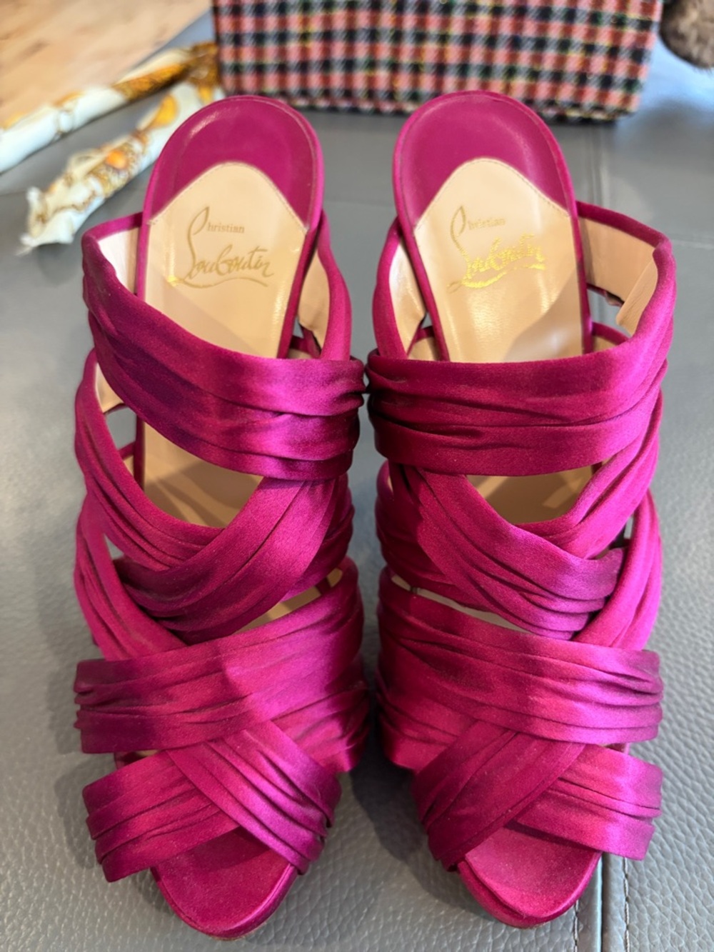 Christian Louboutin Magenta Satin Strappy Platform Heels - Picture 10 of 10